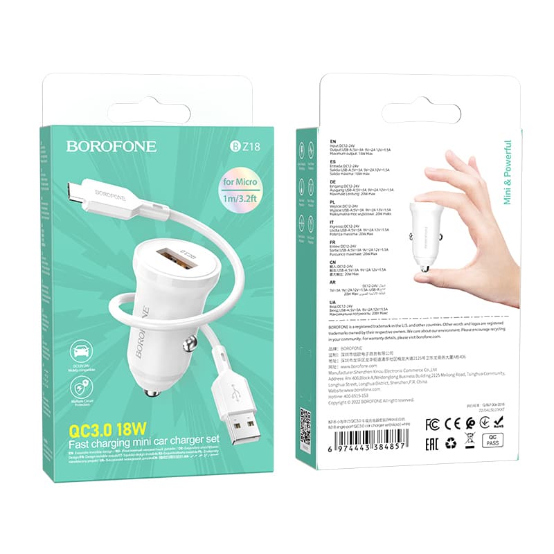 Rychlonabíječka do auta Borofone BZ18 vč. microUSB datového kabelu 18W bílá - náhled 4