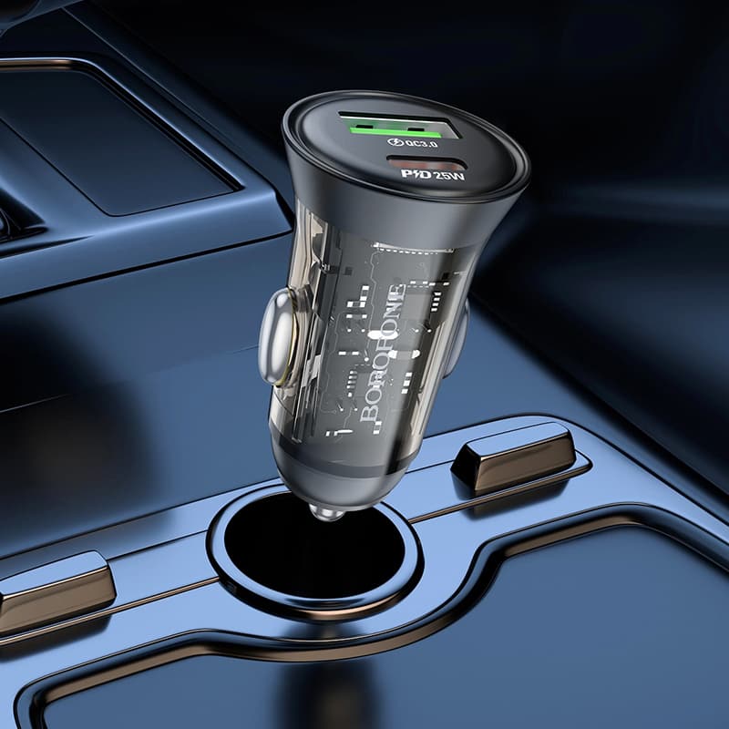 Rychlonabíječka do auta Borofone BZ26A vč. datového kabelu Lightning Dual 43W průhledná-černá - náhled 4