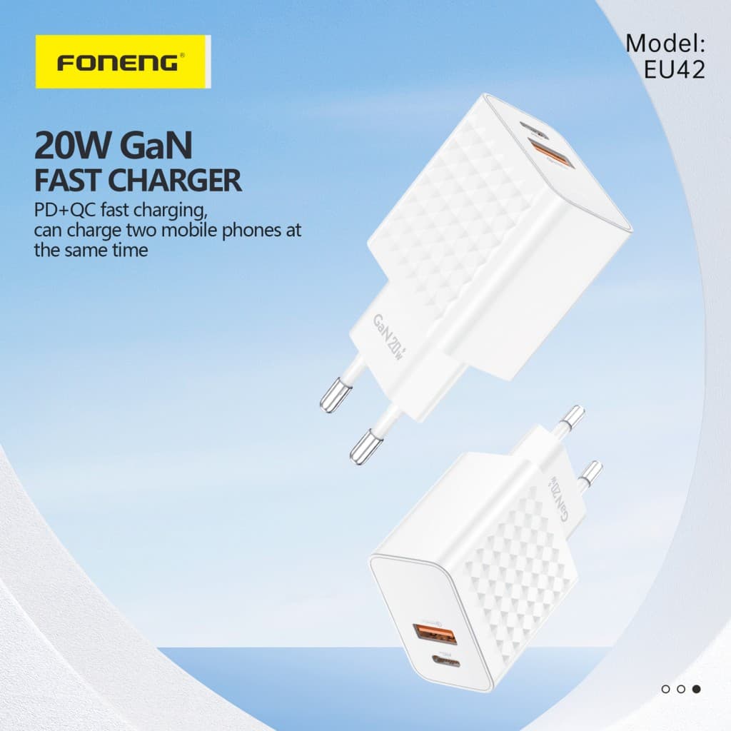Adaptér Foneng EU42 GaN - USB + Type C - PD 20W 3A bílý - náhled 4