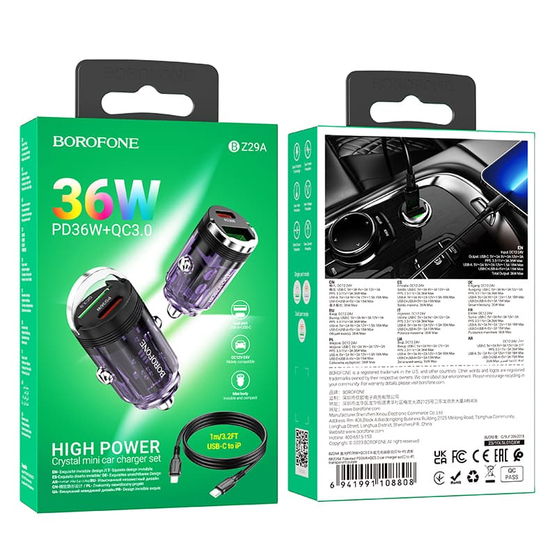 Rychlonabíječka do auta Borofone BBZ29A vč. datového kabelu Lightning Dual 36W transparentní-fialová - náhled 4