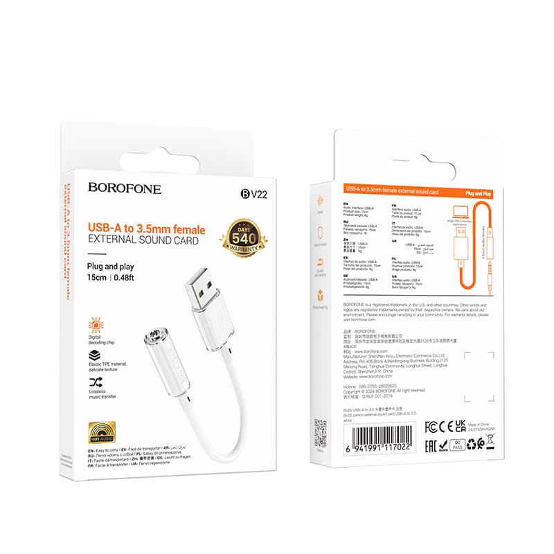 Adaptér Borofone BV22 Lemon - USB-A - jack 3,5 mm bílý - náhled 4