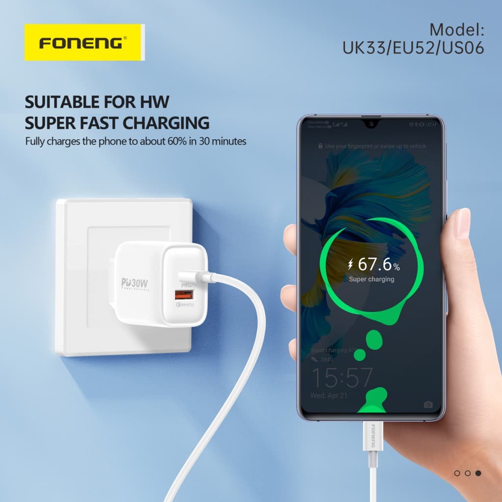 Adaptér Foneng EU52 s funkcí rychlonabíjení Dual 30W bílý - náhled 4