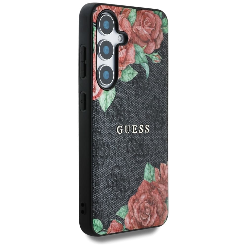 Originální zadní kryt GUESS Leather 4G Flowers Print Metal Classic Logo MagSafe do Samsung Galaxy S25 black - náhled 4