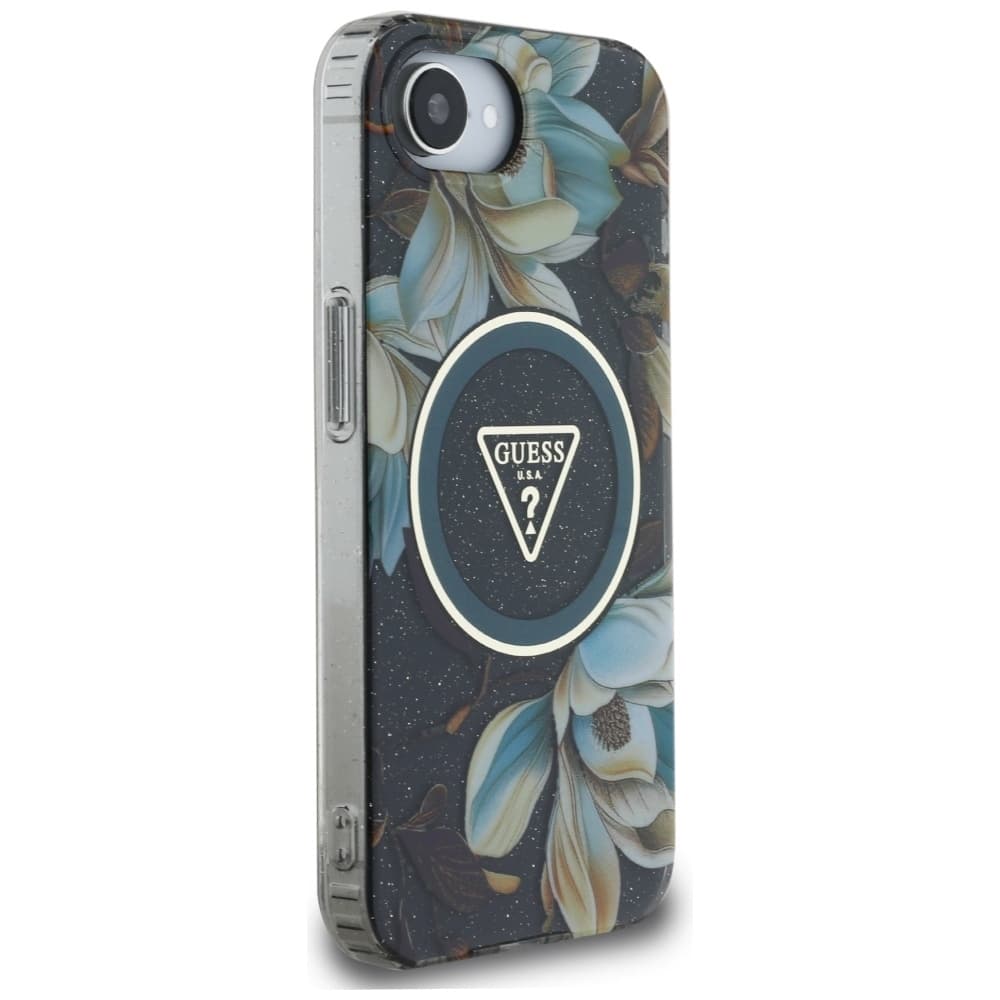Zadní kryt GUESS IML Metal Glitter Flowers Triangle MagSafe pro iPhone 16e black - náhled 4
