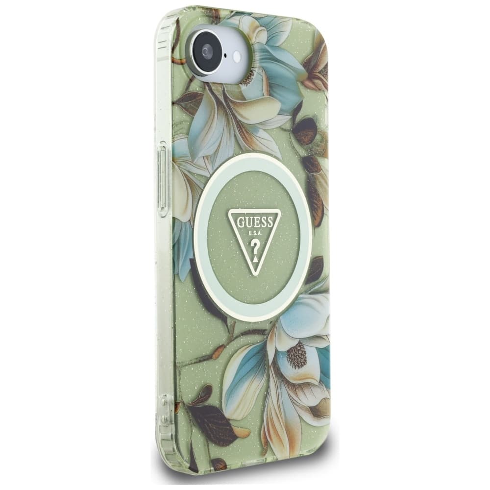 Zadní kryt GUESS IML Metal Glitter Flowers Triangle MagSafe pro iPhone 16e green - náhled 4