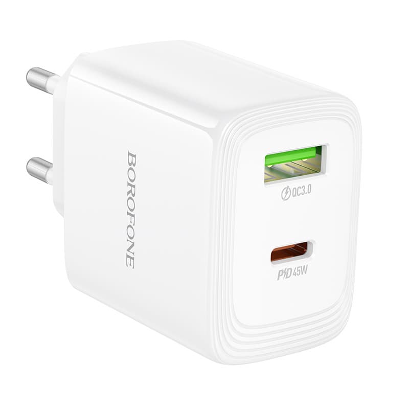Adaptér Borofone BN30 Cargador GaN – USB + Type C – QC 3.0 PD 45W bílý - náhled 4