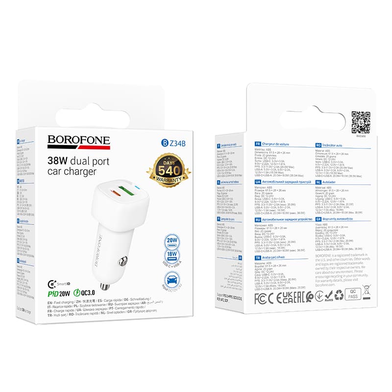 Nabíječka do auta Borofone BZ34B Cloud - USB + Type C - QC 3.0 PD 38W bílá - náhled 4