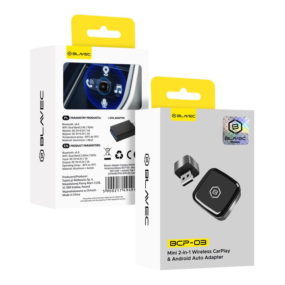 Bezdrátový adaptér Carplay Android Auto Blavec BCP-03 - Bluetooth Wifi USB + adaptér Typ C (CPAABCP03-BWUB) černý. - náhled 4