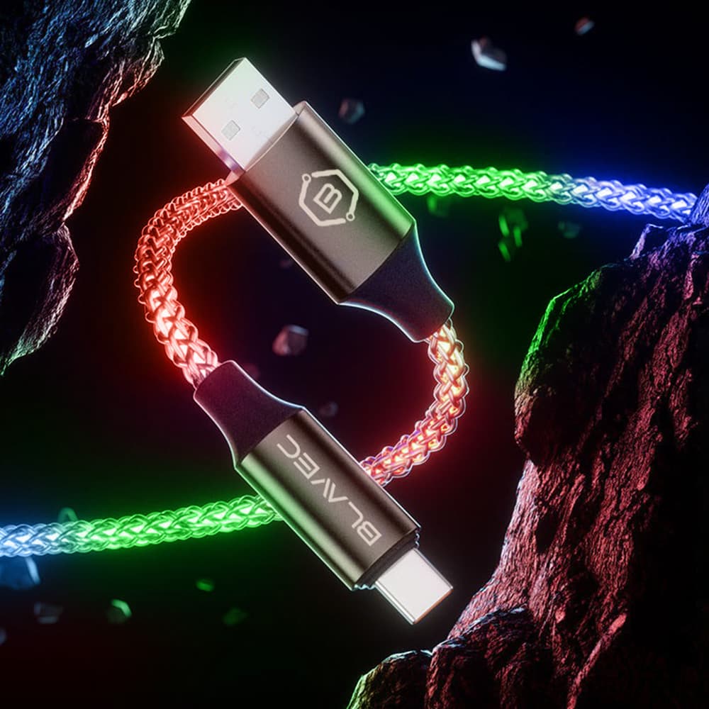 Blavec Neon svítící kabel USB-A na USB-C, QC 3.0, 60W, 3A, 1 m, RGB - náhled 4