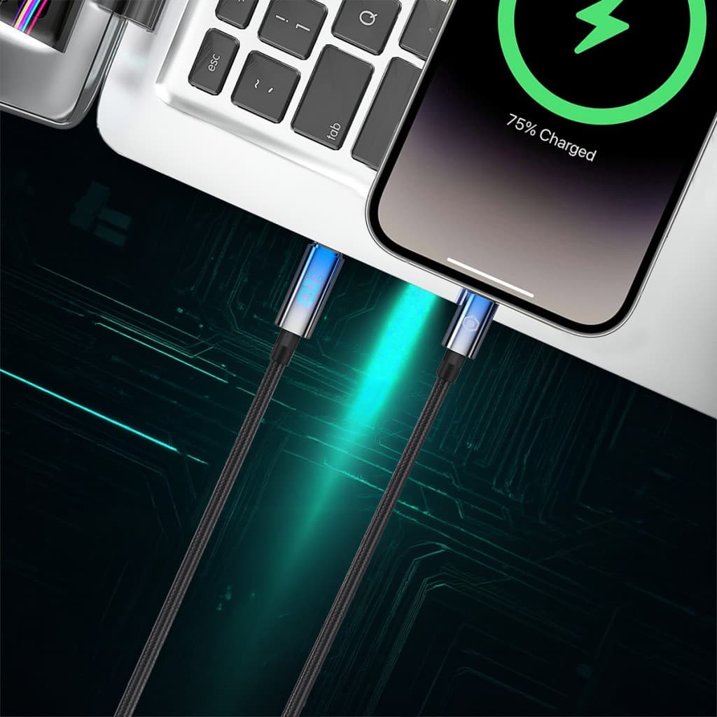 Opletený kabel Blavec Velox - Typ C na Typ C - PD 100W 5A s LED displejem 1,2 metru Apple CarPlay/Android Auto (CVE-CC5B12) černý - náhled 4
