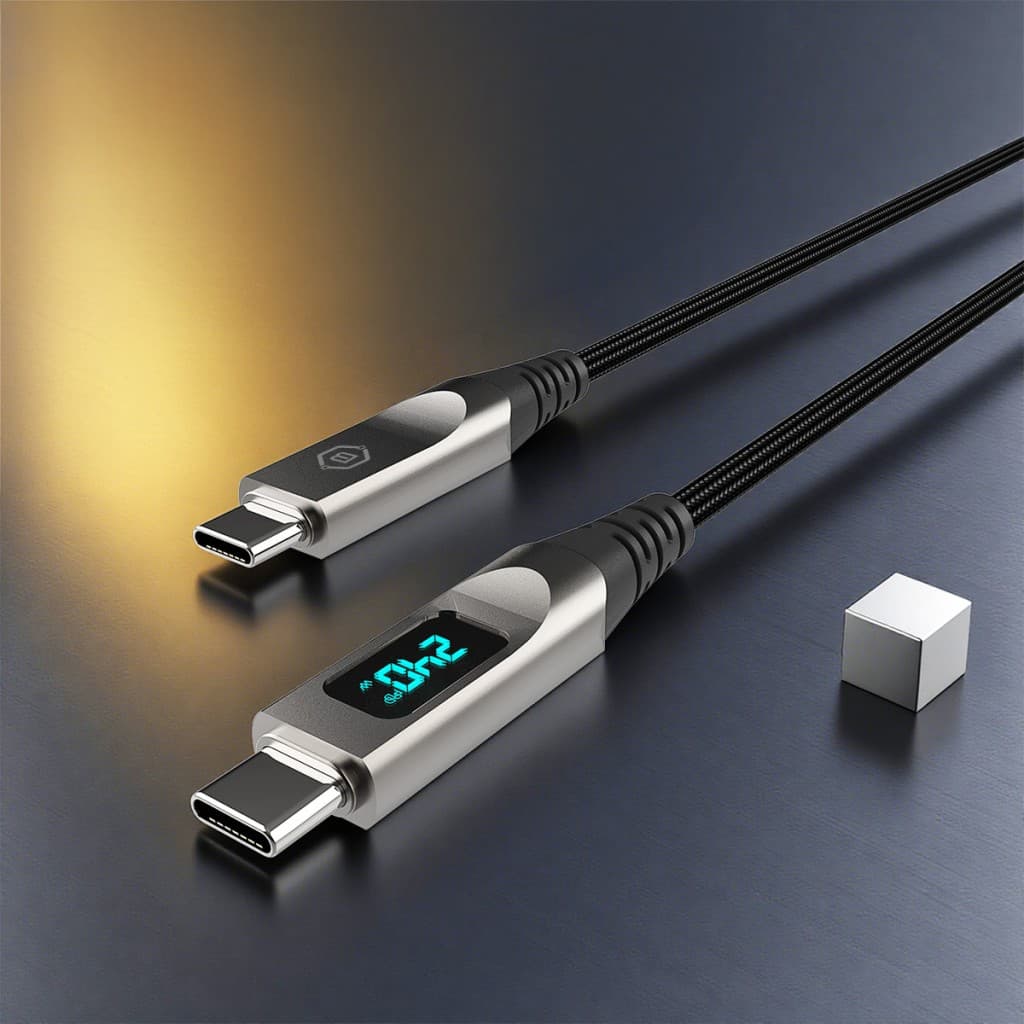 Opletený kabel Blavec Lumix - Typ C na Typ C - PD 240W 5A s LED displejem 1,2 metru Apple CarPlay/Android Auto (CLU-CC5BG12) černošedý - náhled 4