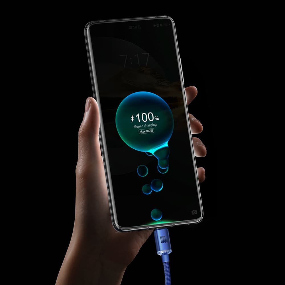 Baseus Crystal Shine datový kabel (CAJY000503), USB na Type-C, 100W, 2m, super rychlé nabíjení, nylonové opletení, modrý - náhled 5