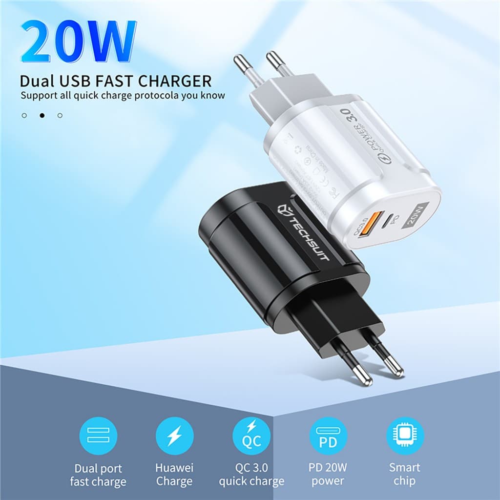 Techsuit Síťová nabíječka CHPD038 USB-A QC 3.0 USB-C 20W Černá - náhled 5