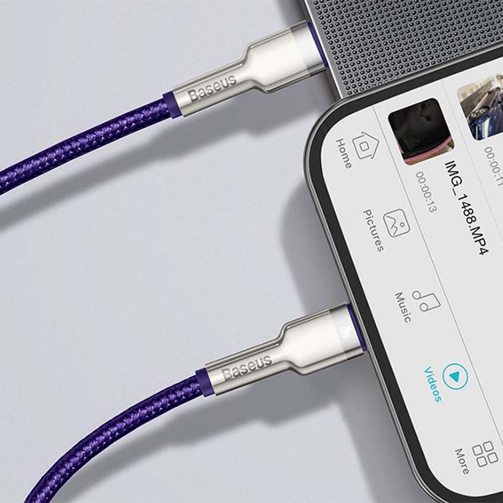 Datový kabel Baseus Cafule Series Metal (CATLJK-A05) – Type-C na Lightning, rychlé nabíjení PD20W, 480Mbps, 2.4A, 1m – fialový - náhled 5