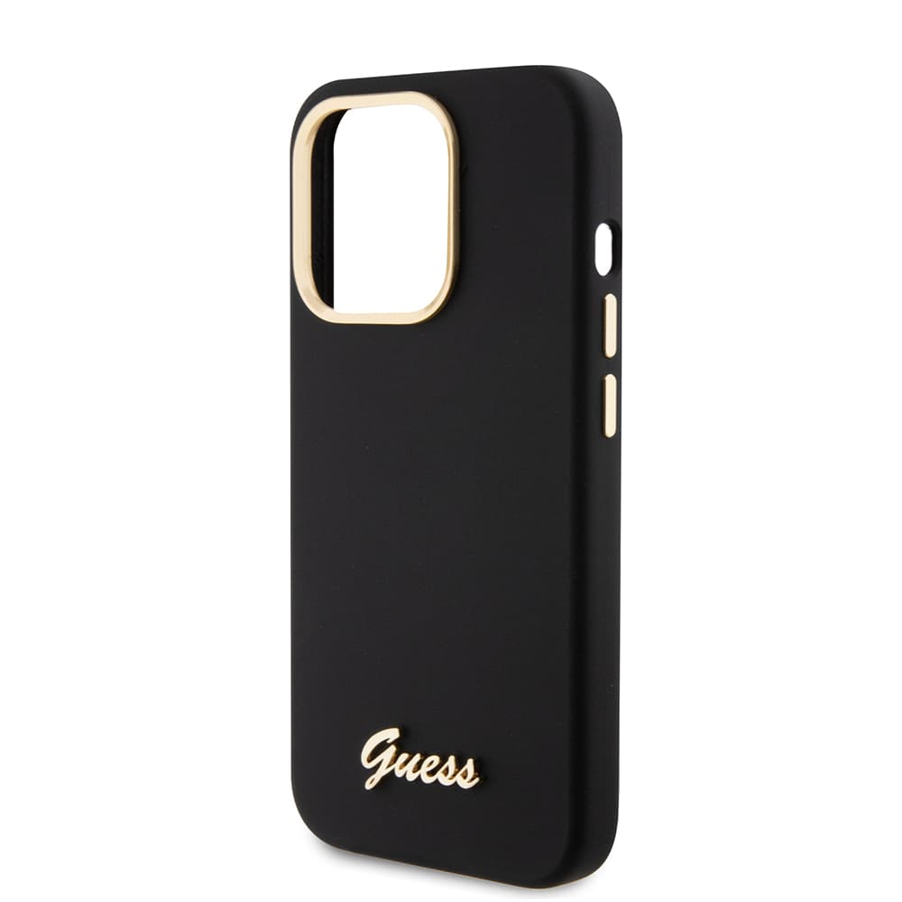Guess - silikonový kryt s kovovým logem a rámečkem iPhone 15 Pro černý - náhled 5