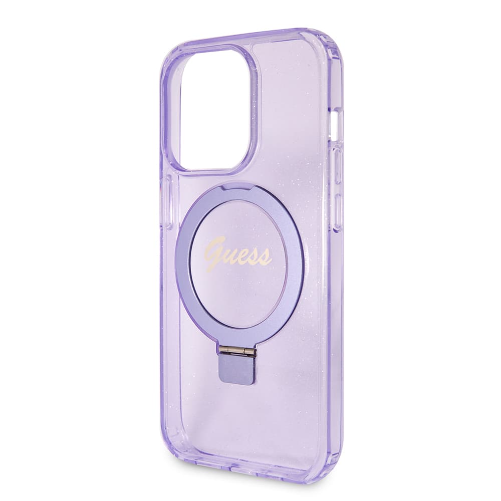 Guess Ring Stand Script Glitter MagSafe iPhone 15 Pro fialová - náhled 5