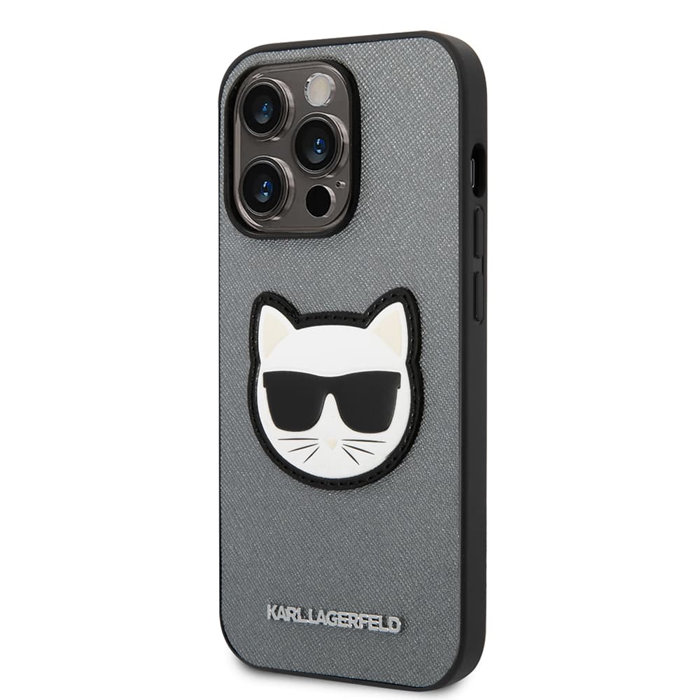 Karl Lagerfeld Saffiano pouzdro iPhone 14 Pro stříbrné Choupette Head - náhled 5
