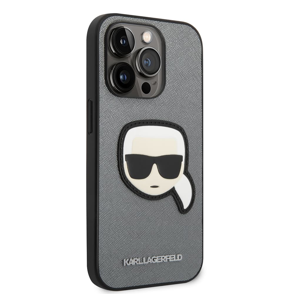 Karl Lagerfeld Saffiano pouzdro iPhone 14 Pro stříbrné Karlova hlava - náhled 5