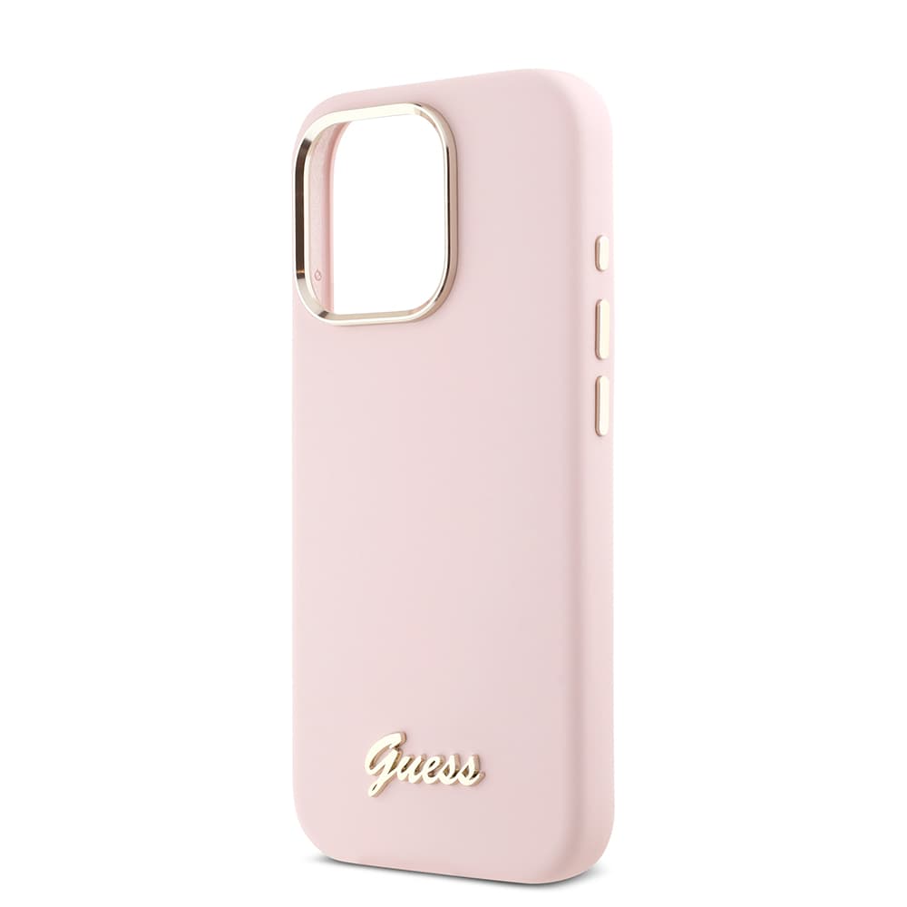 Guess - silikonový kryt s kovovým logem a rámečkem iPhone 16 Pro růžový - náhled 5