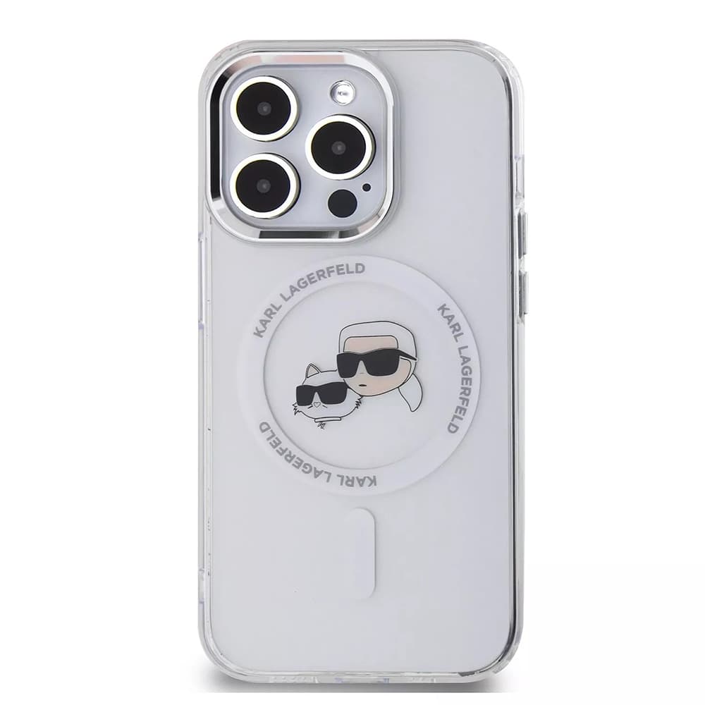 Karl Lagerfeld IML MagSafe iPhone 15 Pro Max Bílý Metal Karl&amp;Choupette Heads - náhled 5