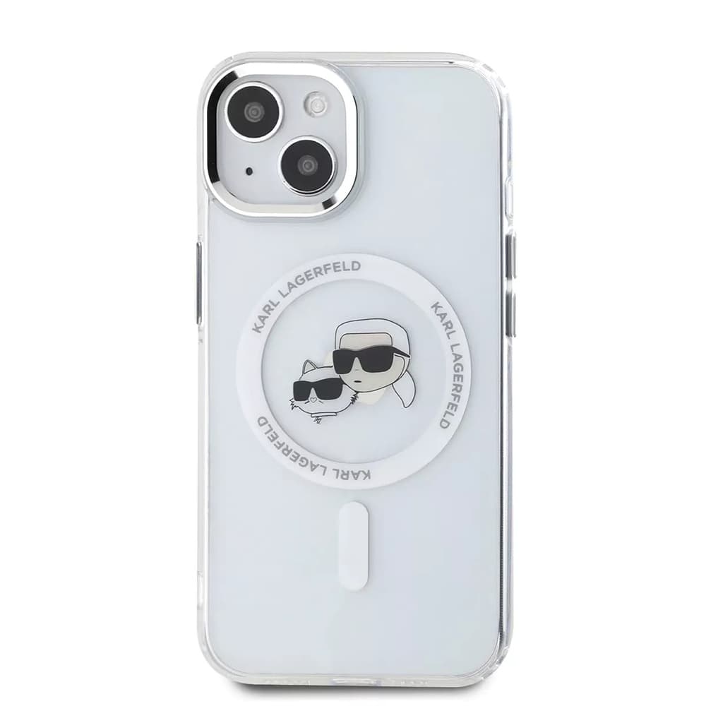 Karl Lagerfeld IML MagSafe iPhone 15 Bílý Metal Karl&amp;Choupette Heads - náhled 5
