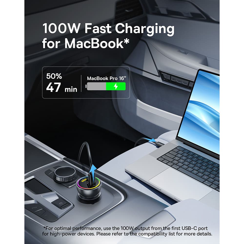 Baseus Car Charger 2x USB-C USB 152.5W Rychlé Nabíjení RGB USB-C Kabel Černá - náhled 5