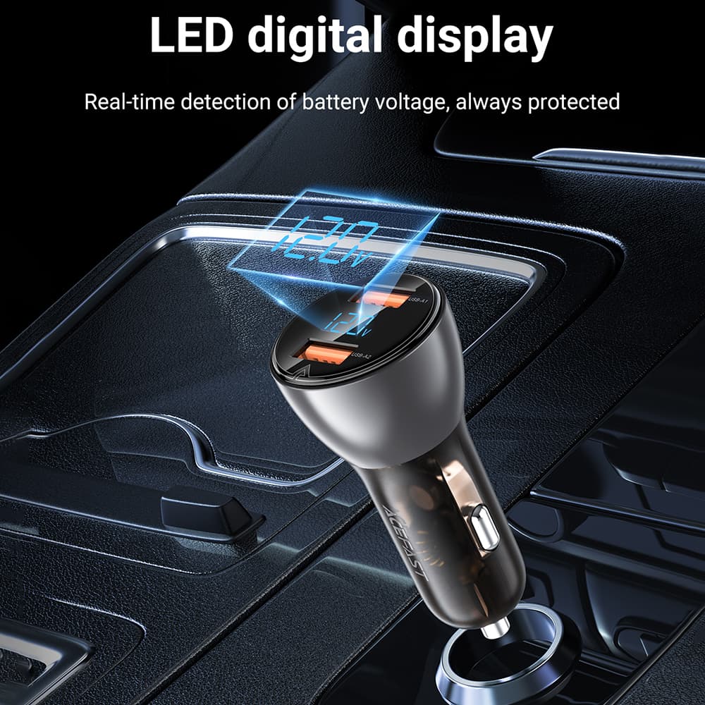 Acefast Car Charger B7 2x USB 45W Rychlé Nabíjení LED Displej Průhledná Černá - náhled 5