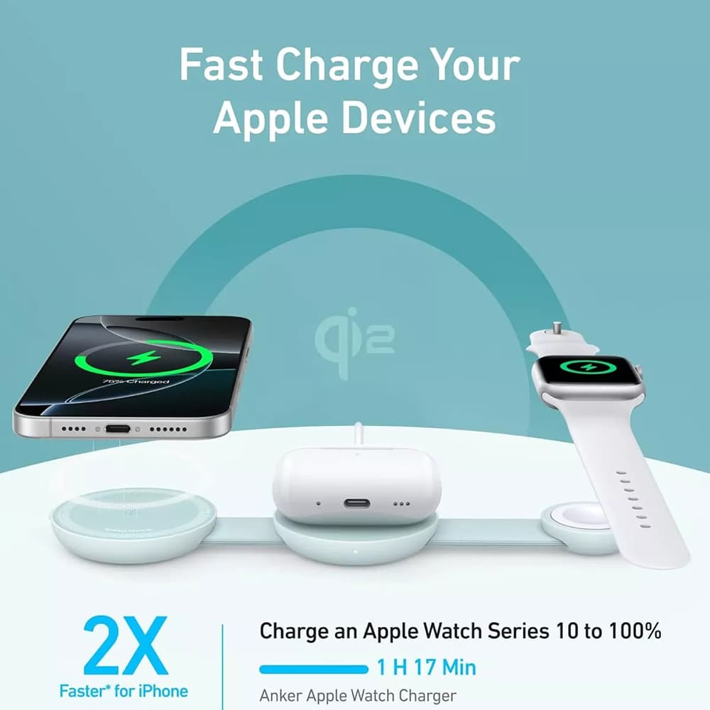 Anker Wireless Charger MagGo 3-in-1 pro iPhone 15/16 AirPods Apple Watch skládací 15W zelená - náhled 5