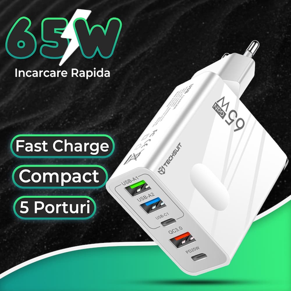 Techsuit Premium Wall Charger PentaXPower 3x USB 2x Type-C 1m bílá - náhled 5