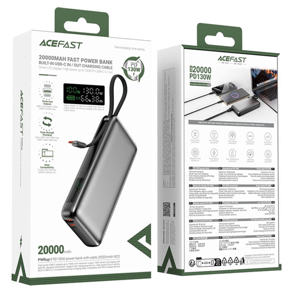 Acefast Power Bank M22-20000 s kabelem Type-C 20000mAh 74Wh PD130W LED displej černá - náhled 5
