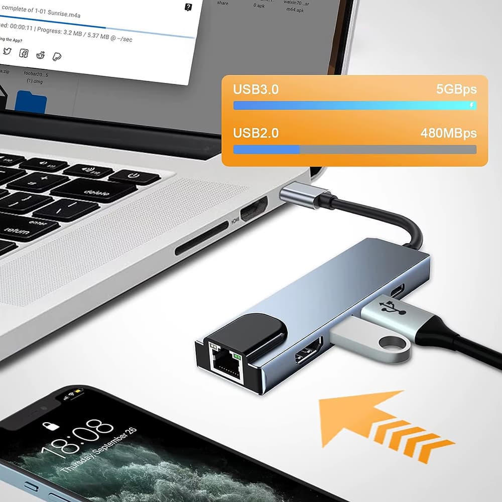 Techsuit Docking Station NetBridge 5 in 1 H1 Type-C Šedá - náhled 5
