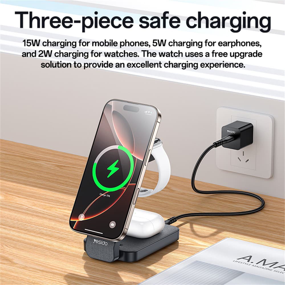 Yesido DS26 magnetická bezdrátová nabíjecí stanice šedá pro telefon hodinky sluchátka skládací stojan noční světlo 15W - náhled 5