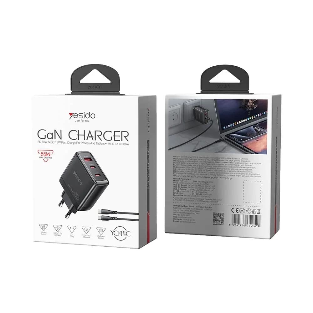 Yesido Wall Charger YC144C GaN Rychlonabíječka pro Telefon Tablet USB 2x Type-C PD65W QC18W USB-C Kabel 1m Černá - náhled 5