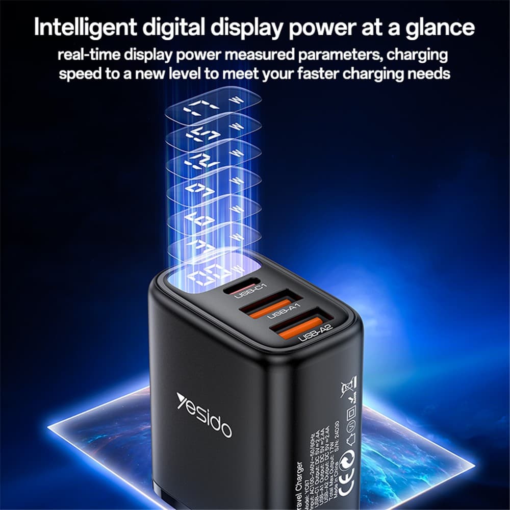 Yesido - nástěnná nabíječka (YC67) - s digitálním displejem, rychlé nabíjení, pro telefon, tablet, 3v1, 2x USB, Type-C, 17W - černá - náhled 5