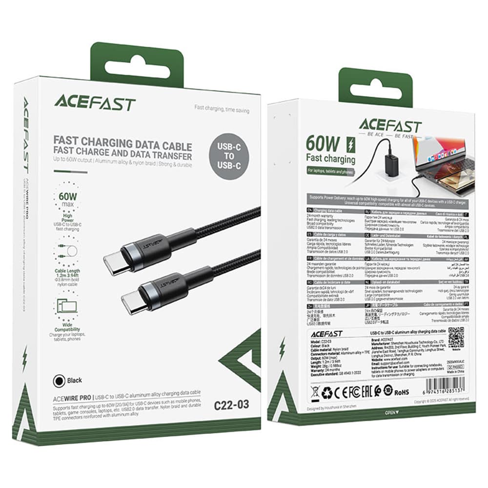Acefast Data Cable C22-03 Rychlonabíjecí Type-C na Type-C 60W 1.2m černý - náhled 5