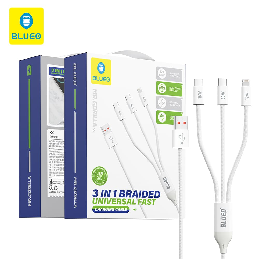 Blueo 3v1 datový kabel USB-A na 2x Type-C Lightning rychlé nabíjení opletený bílý - náhled 5