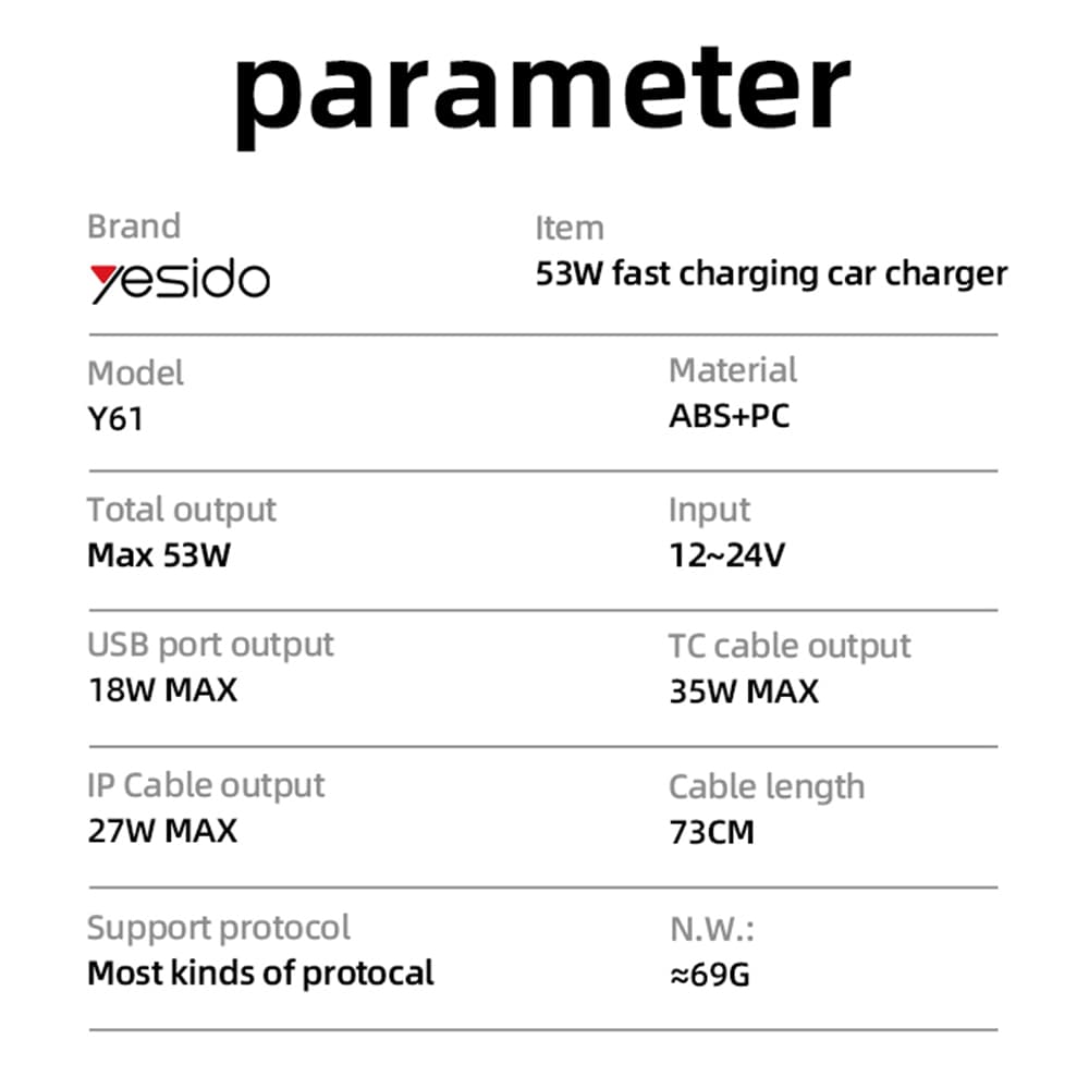 Yesido Car Charger Y61 s 2x teleskopickým zatahovacím kabelem Type-C Lightning rychlé nabíjení USB-A 53W černá - náhled 5