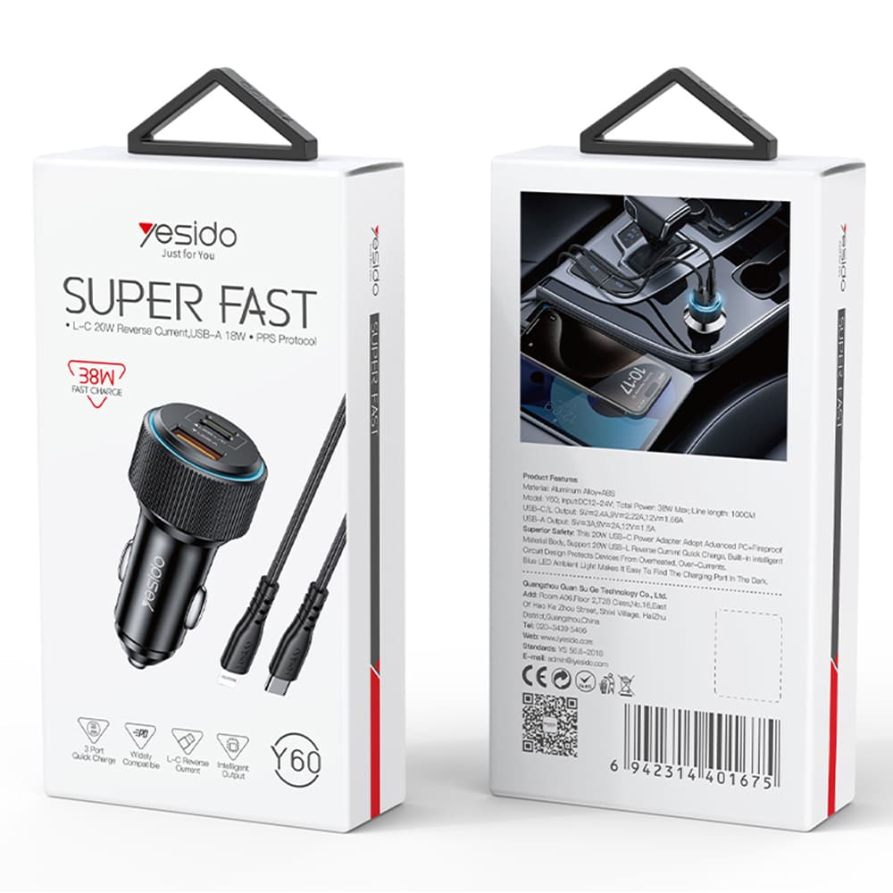 Yesido Car Charger Y60 s kabelem Type-C na Lightning černá 38W rychlé nabíjení - náhled 5