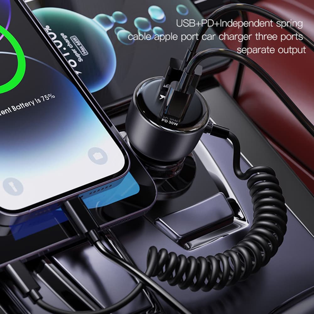 Yesido Car Charger Y57 s Lightning pružným kabelem Type-C USB-A 50W rychlé nabíjení černá - náhled 5