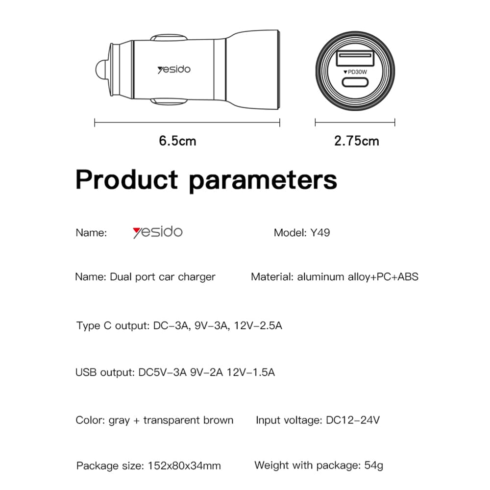 Yesido Car Charger Y49 USB-A Type-C LED světelný efekt rychlé nabíjení 30W šedá - náhled 5