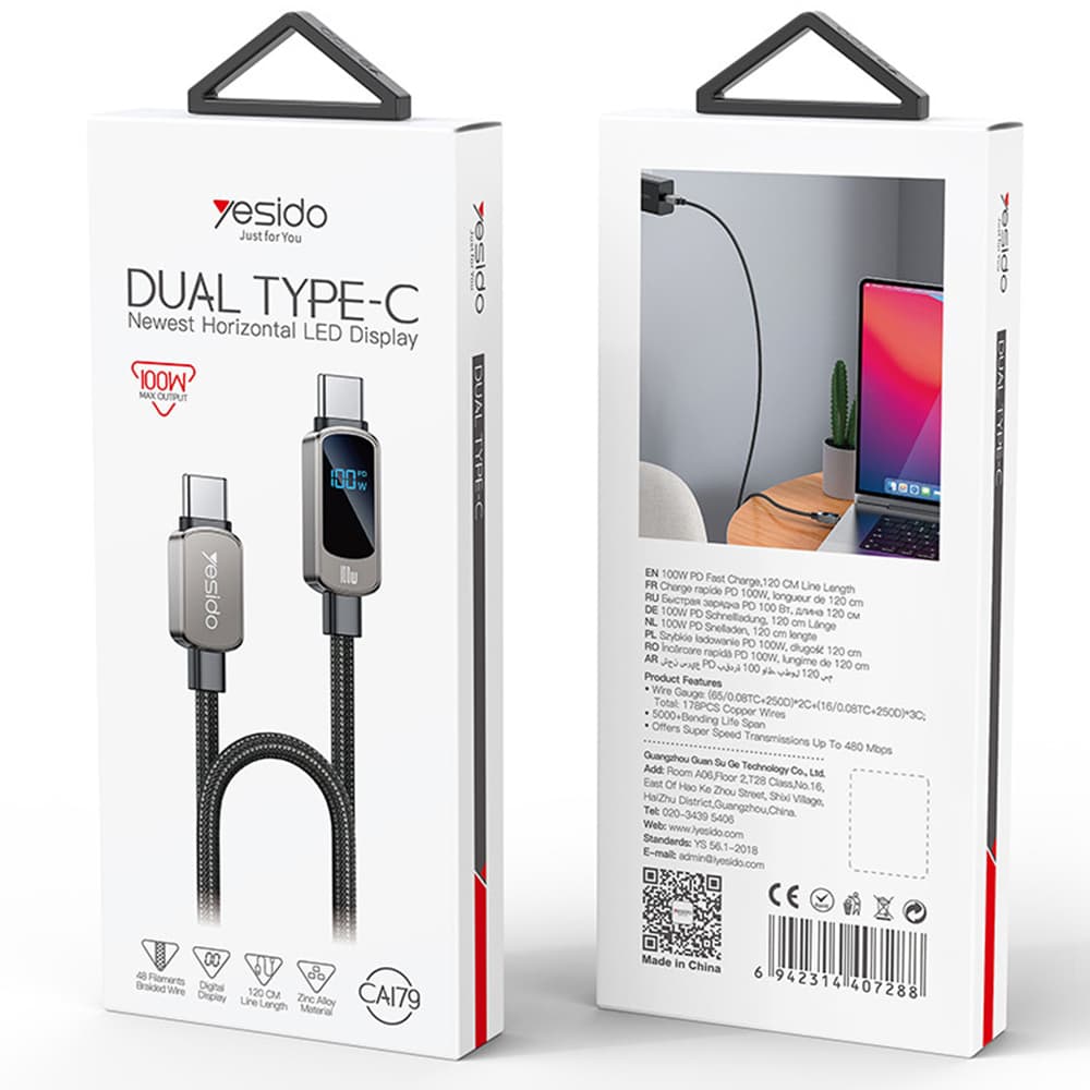 Yesido Data Cable CA179 Super rychlé nabíjení s displejem Type-C 1.2m černá - náhled 5