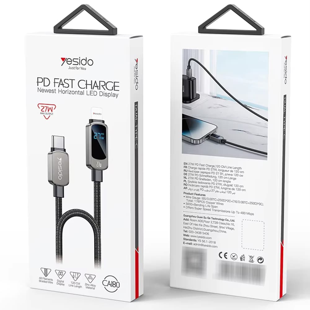 Yesido Data Cable CA180 Super rychlé nabíjení s displejem Type-C 1.2m černá - náhled 5