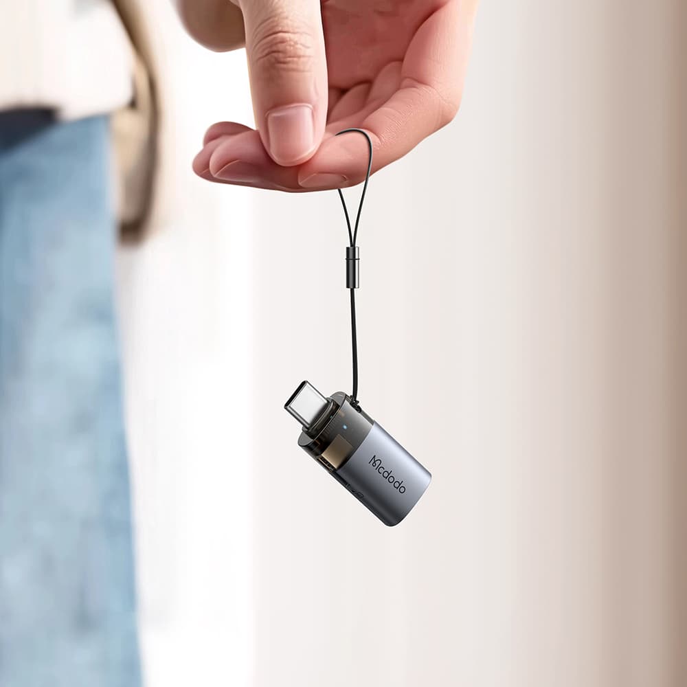 Mcdodo - OTG adaptér 2v1 (OT-7600) - USB na USB-C, vestavěná čtečka karet, nabíjení a data, 5Gbps, modré světlo, poutko - černý - náhled 5