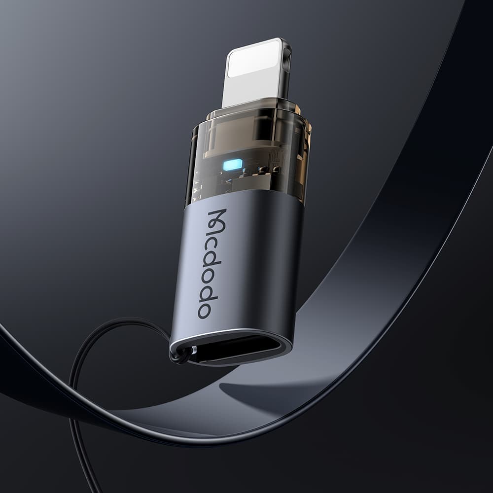 Mcdodo - OTG adaptér (OT-7630) - USB-C na Lightning, hliníková slitina, nabíjení a synchronizace dat, 36W, modré světlo, šňůrka - černá - náhled 5