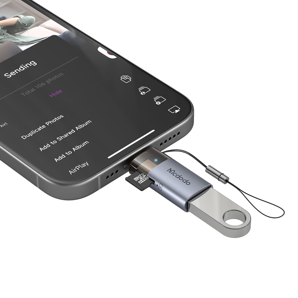 Mcdodo - OTG adaptér (OT-7850) - USB na Lightning, se čtečkou TF karet, rychlý přenos dat, 480 Mb/s, LED, poutko - černý - náhled 5