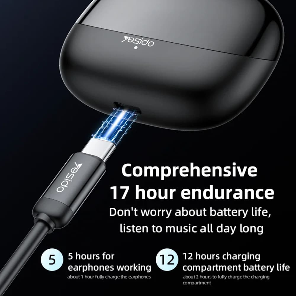 Yesido - bezdrátová sluchátka (TWS26) - stereo, s mikrofonem, Bluetooth, 13mm reproduktor, design do uší, 250mAh - černá - náhled 5