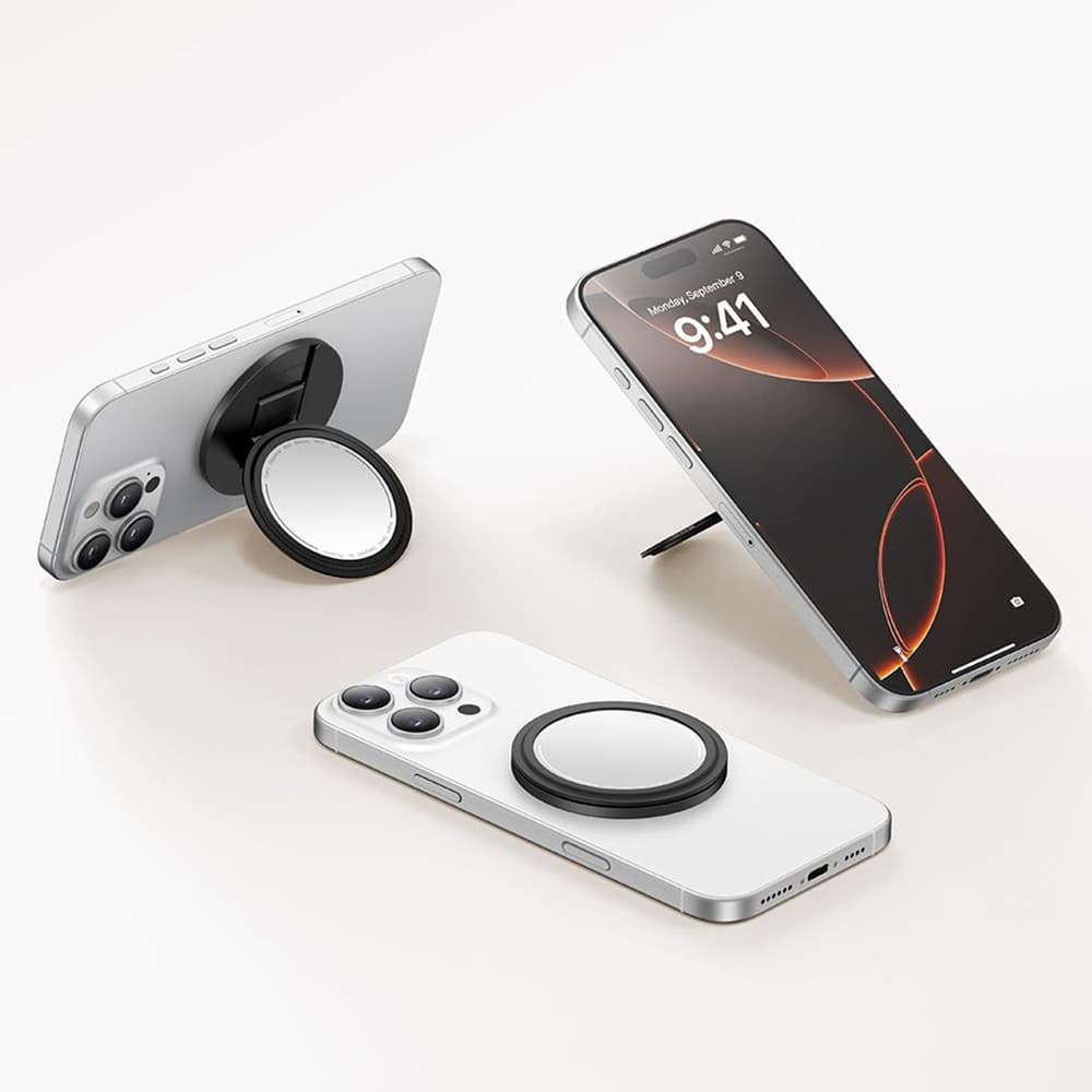 Mcdodo - skládací magnetický stojánek na telefon 2 v 1 (MR-7912) - s vestavěným kosmetickým zrcátkem, kůže - černá - náhled 5