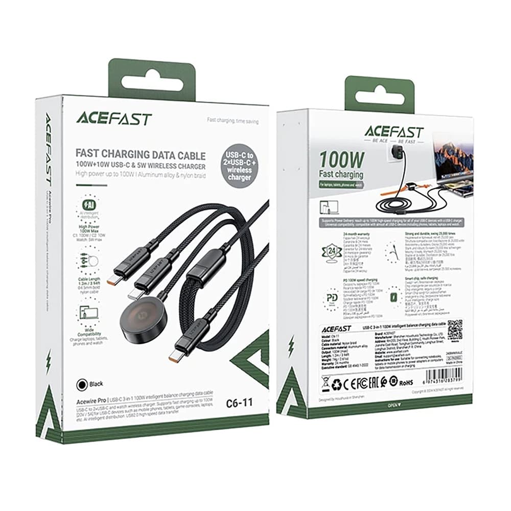Acefast Datový kabel C6-11 Rychlé nabíjení 2x Type-C Bezdrátová nabíječka USB-C 3v1 1.2m Černá - náhled 5