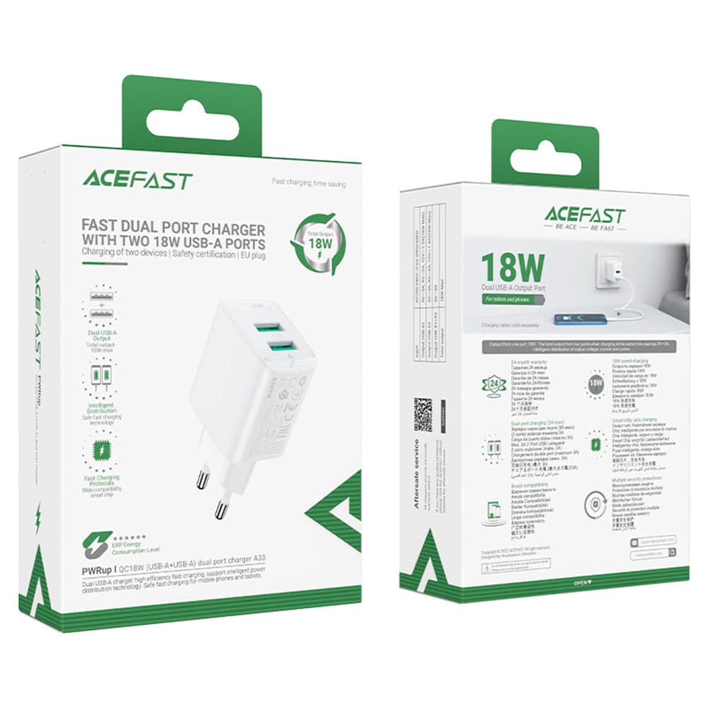 Acefast Wall Charger A33 Dvojitý Port Rychlé Nabíjení 2x USB QC18W Černá - náhled 5