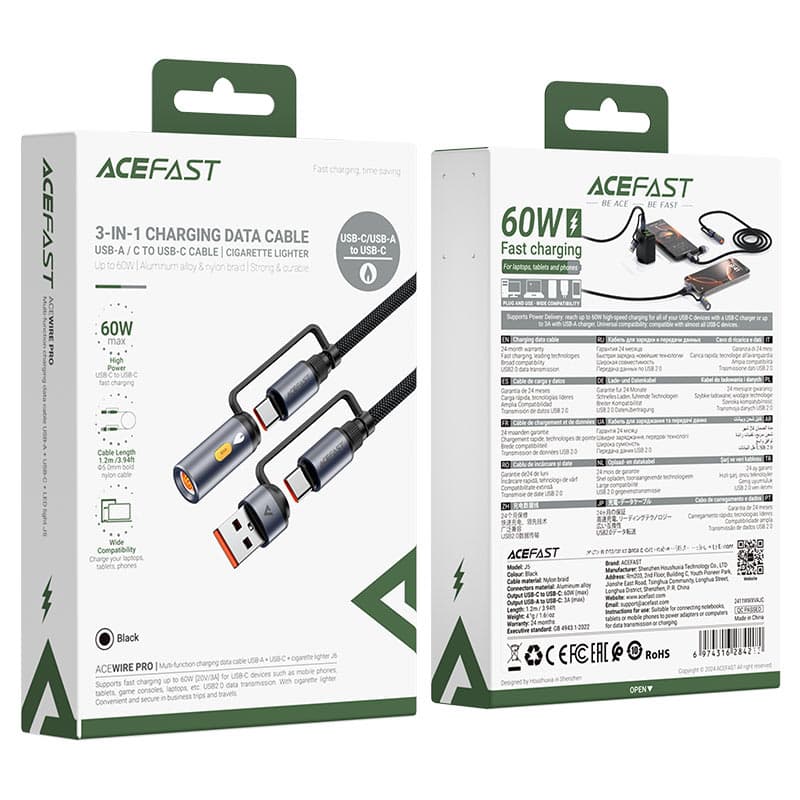 Acefast Data Cable J6 Multifunkční Rychlonabíjecí USB USB-C na Type-C Zapalovač 60W 3A 1.2m Černá - náhled 5